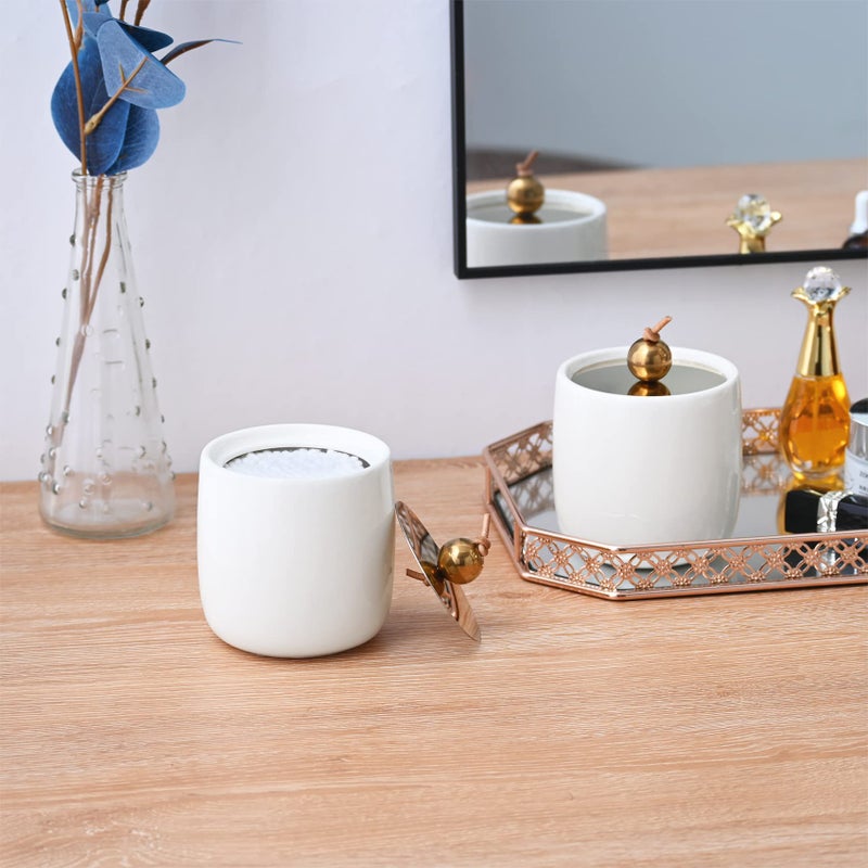 Satu Brown 2 Pack Ceramic Qtip Holder Dispenser with Gold Lids   White Apothecary Jars Bathroom Vanity Organizer - Bathroom Canister for Cotton Swabs  Rounds  Balls  Makeup Sponges  Bath Salts - Image 5